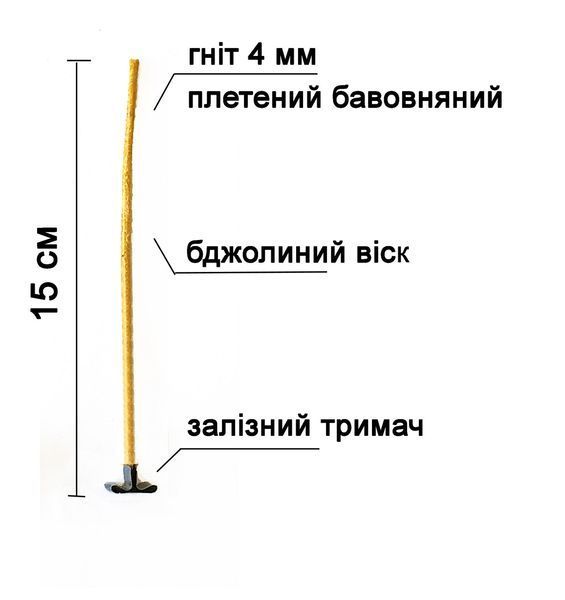 Гніт вощений товщина 4 мм висота 15 см з металевим тримачем для свічок 1333249840 фото